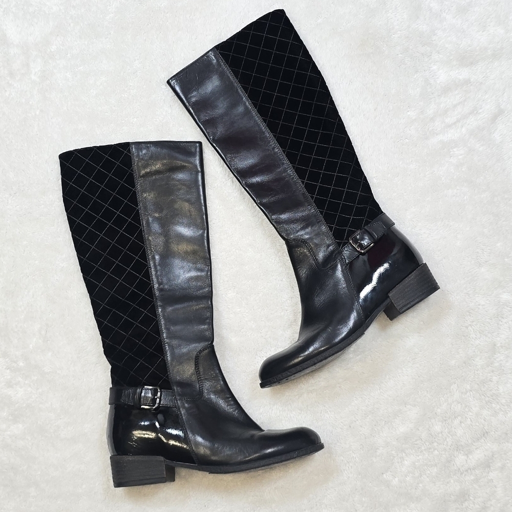 Sesto Meucci Leather-Suede Quilted Knee High Boots Sz. 8.5 Low Heel Riding Boots